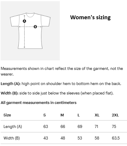 Diagram of Women's tshirt sizing