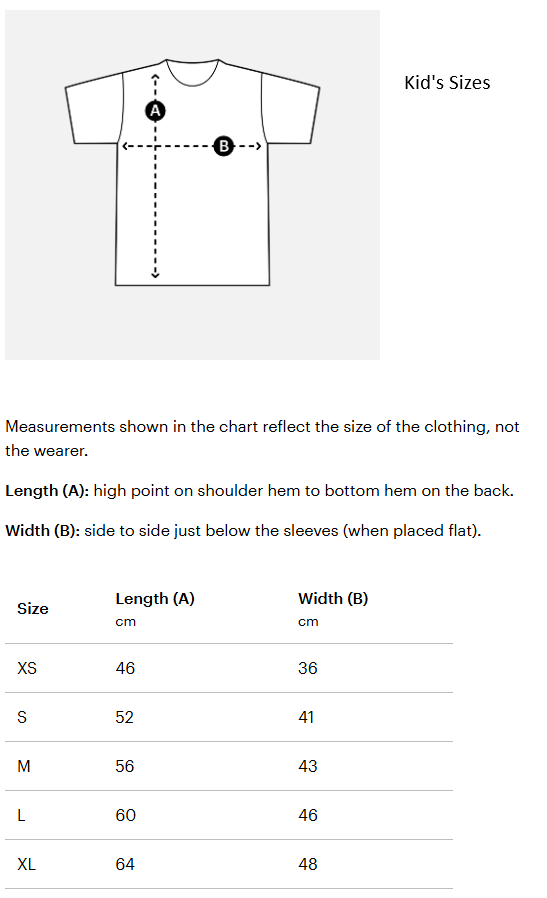 Diagram of childrens tshirt sizing